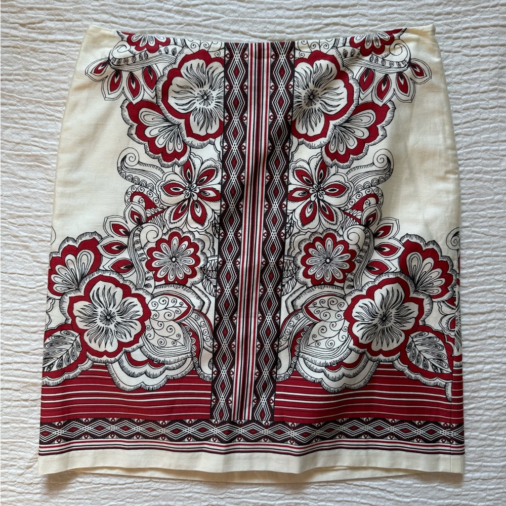 LOFT Cream Pencil Skirt with Red and Black Floral Design